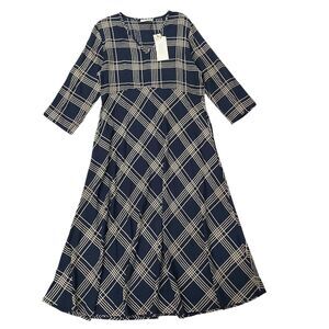 MASAI Copenhagen Narcelle Midi Dress Womens Medium Navy V-Neck Check Academia